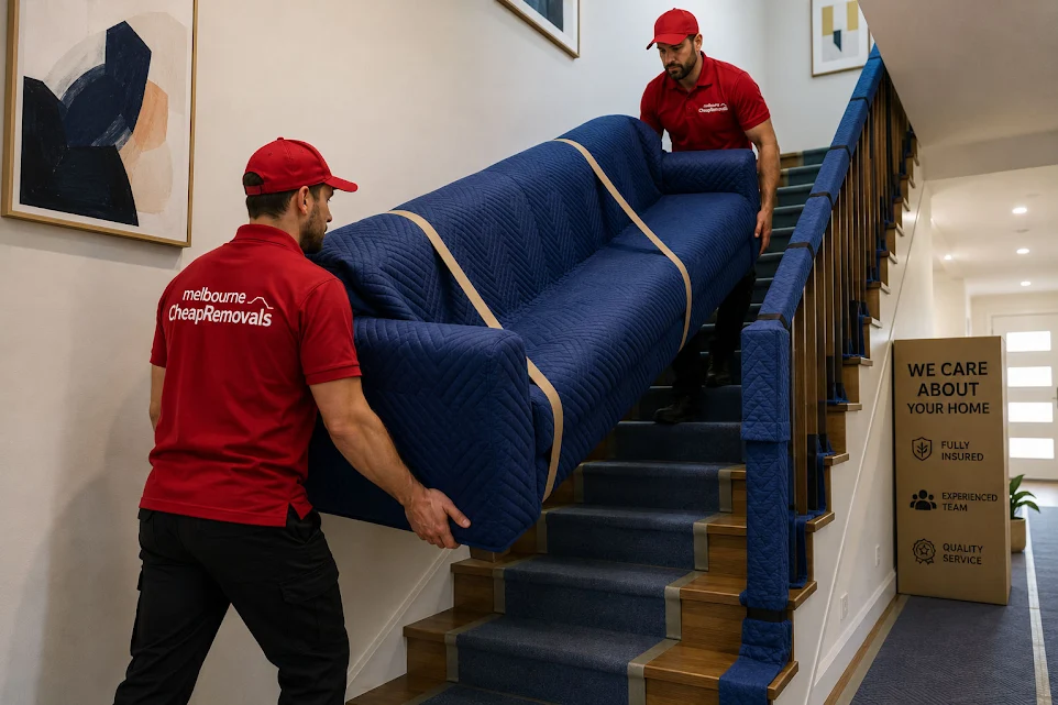 Furniture removalists in Melbourne moving a sofa upstairs