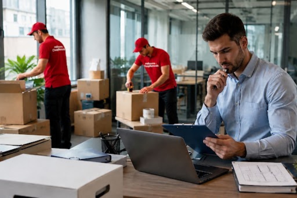 Professional office removalists in Melbourne helping a business manager pack boxes during a commercial relocation.