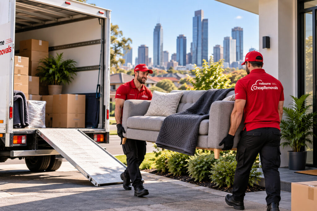 Careful furniture handling by Cheap Movers Melbourne team lifting a sofa, with the Melbourne city skyline in the background.